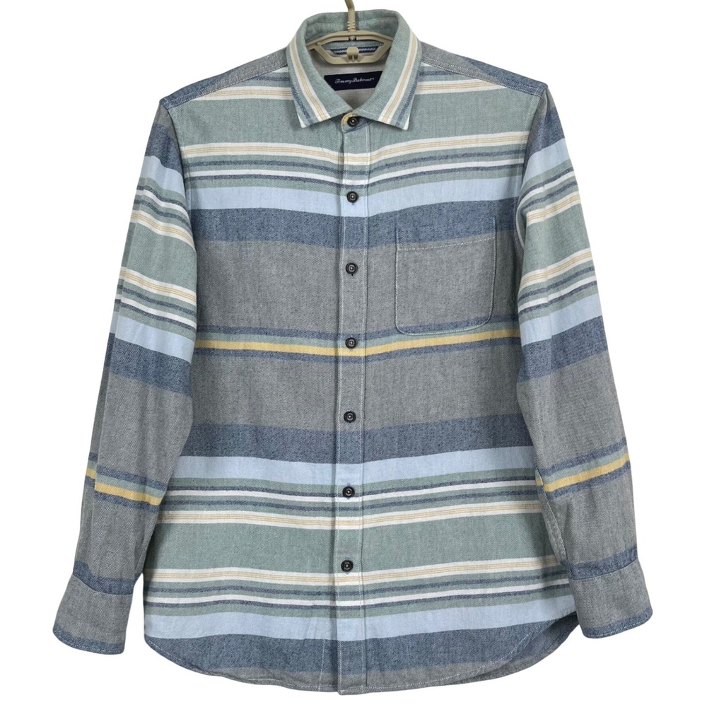 Tommy Bahama Mens Flannel Shirt S Blue Gray Striped Long Sleeve Cotton Coastal